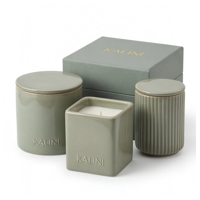 Sage ceramic jars in round, square and fluted forms