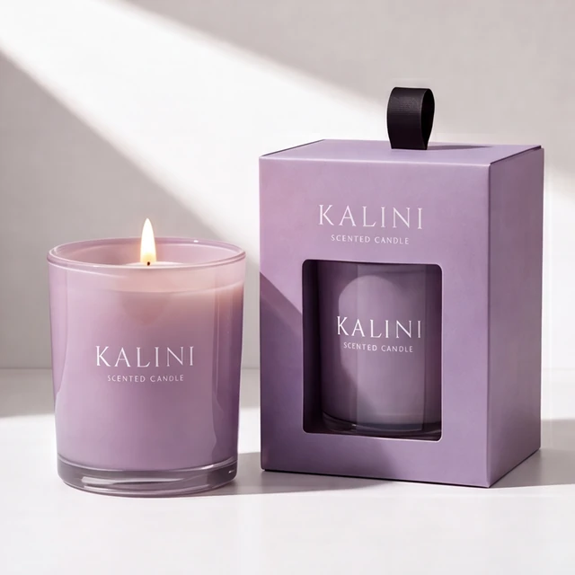 Lavender candle and round glass jar beside a matching window box