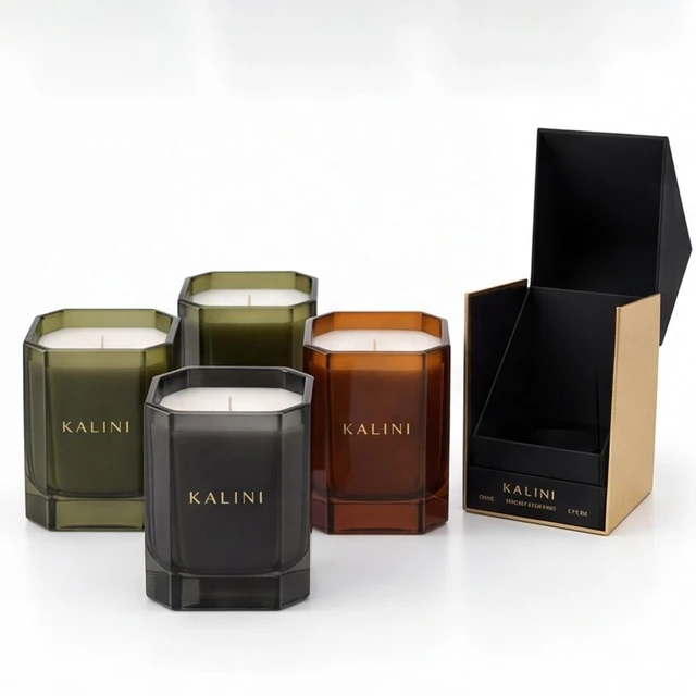 Olive, smoke and amber faceted glass candle jars in several proportions