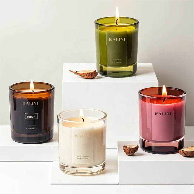 Green, dark, ivory and pink glass candle jars with KALINI lettering