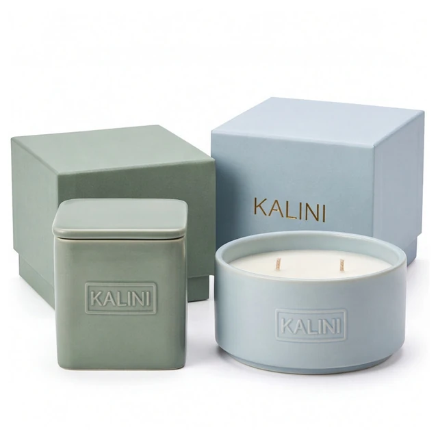 Green square ceramic jar and pale-blue candle bowl with coordinated box references