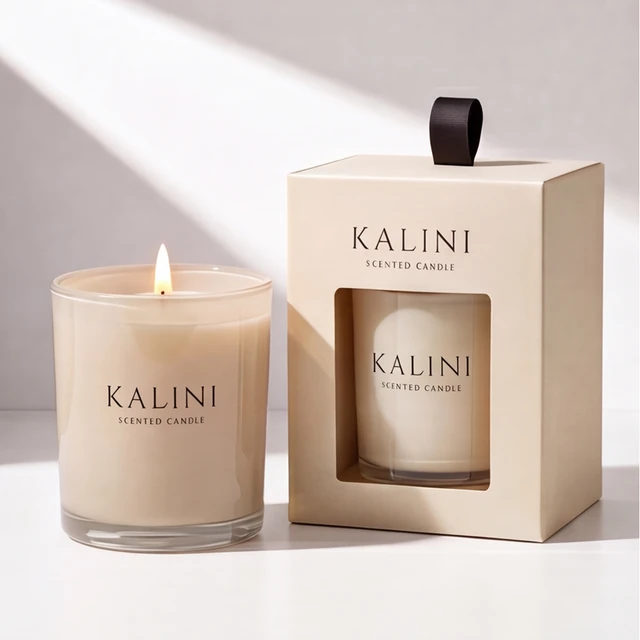 Ivory candle presentation in a round glass jar with a window box