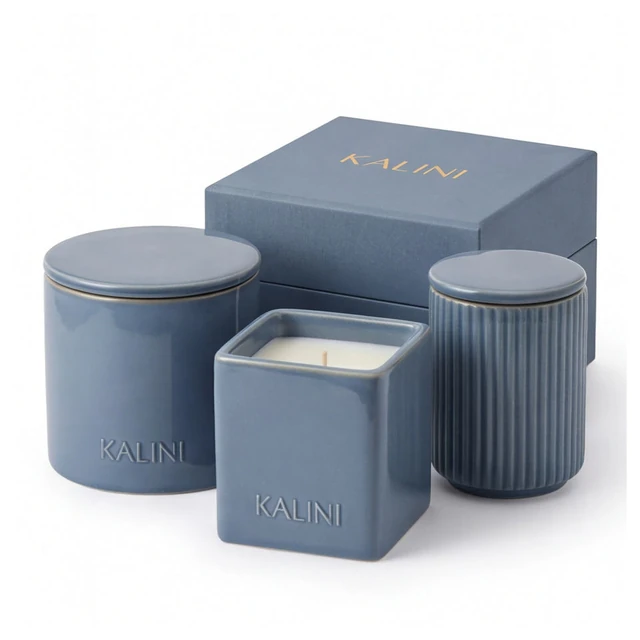 Blue ceramic jars in round, square and fluted forms