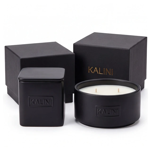 Black square ceramic jar and low round candle bowl with black presentation boxes
