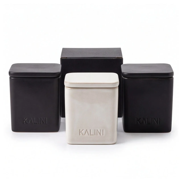 Black and ivory square ceramic candle jars with lids