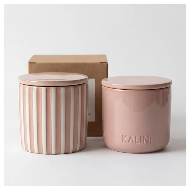 Pink smooth and fluted ceramic candle jars with a box