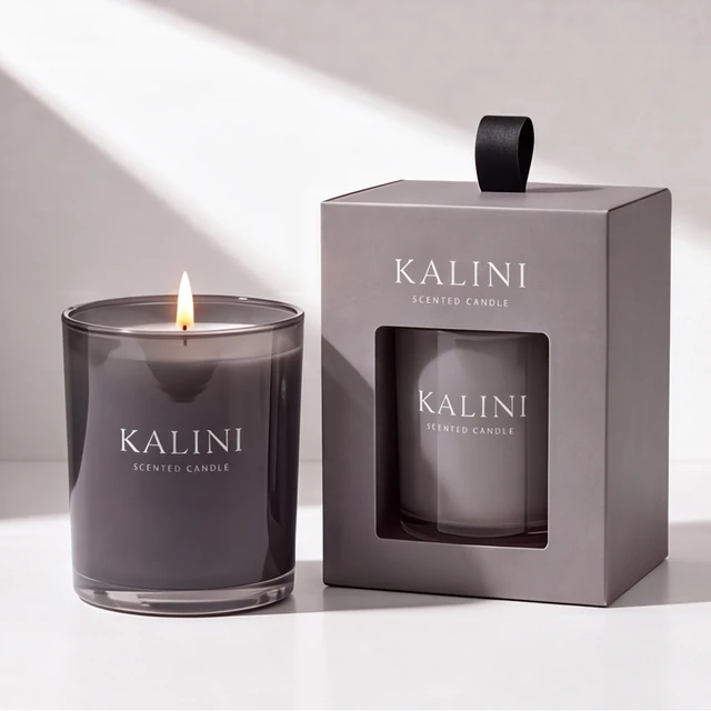 Gray candle presentation in a round glass jar beside a window box