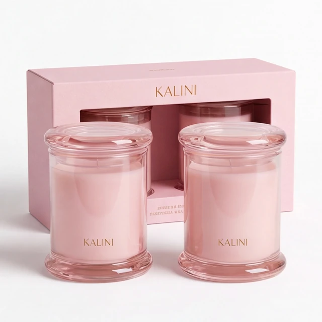 Pink spool-shaped glass candle jars with glass lids and gift-box styling