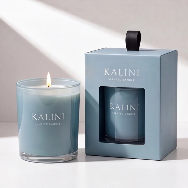 Blue candle presentation in a round glass jar with a window box
