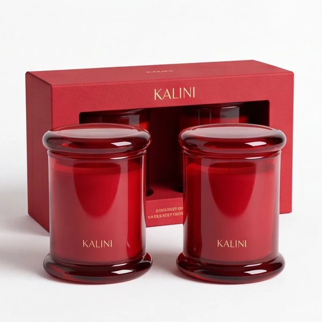 Red spool-shaped glass candle jar presentation