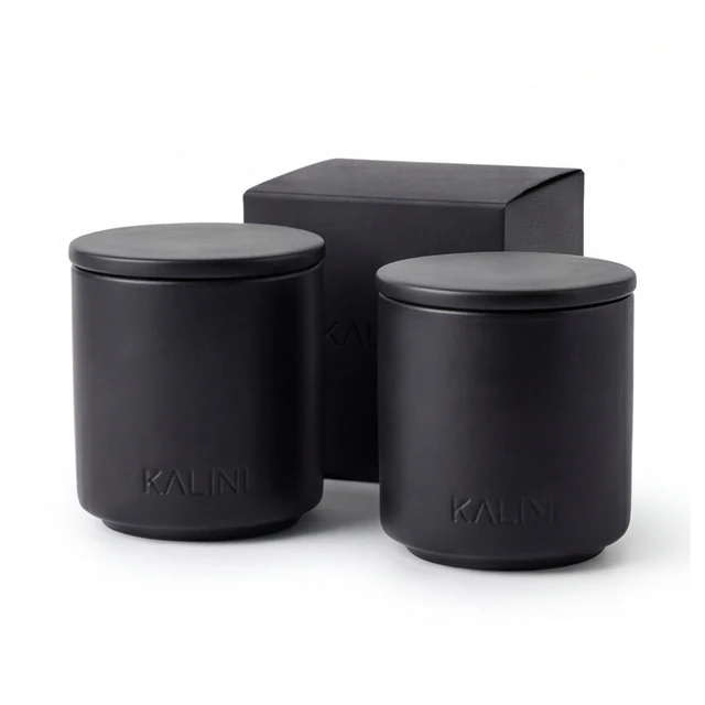 Black round ceramic candle jars with lids