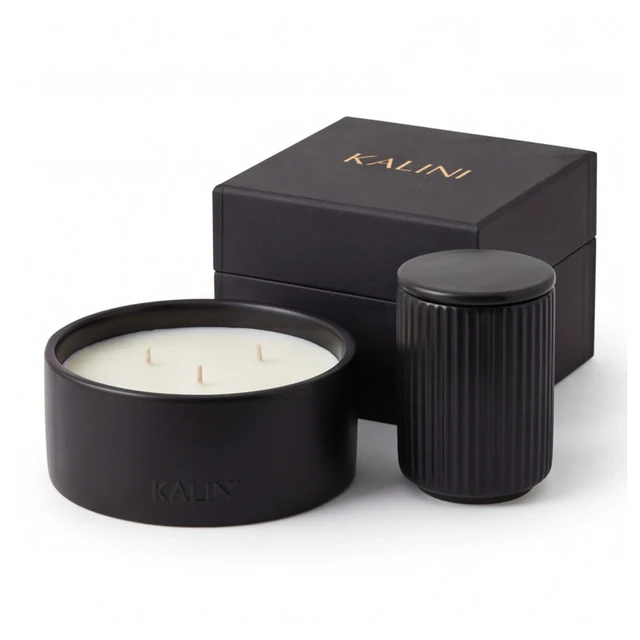 Black ceramic candle bowl with smooth and fluted jars