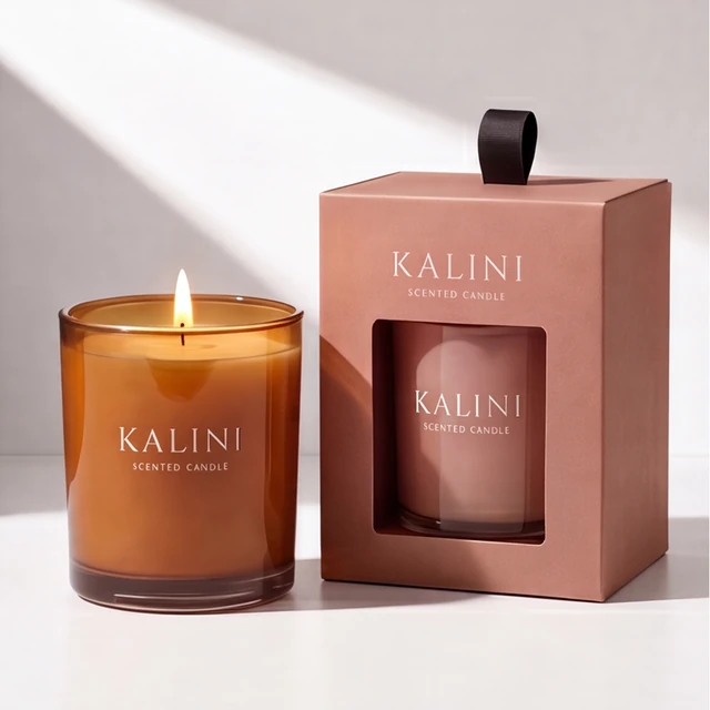 Amber glass candle jar with a warm-toned window presentation box