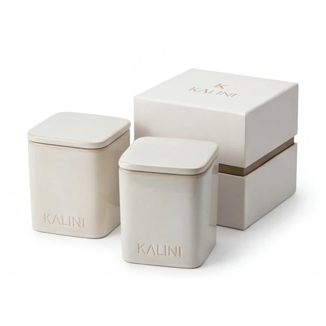 Ivory square ceramic candle jars with lids and a matching box