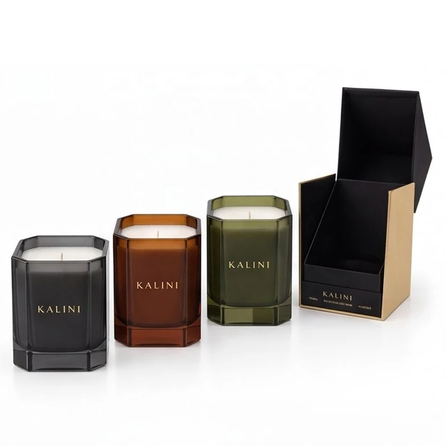 Smoke, amber and olive faceted glass jars with a presentation box