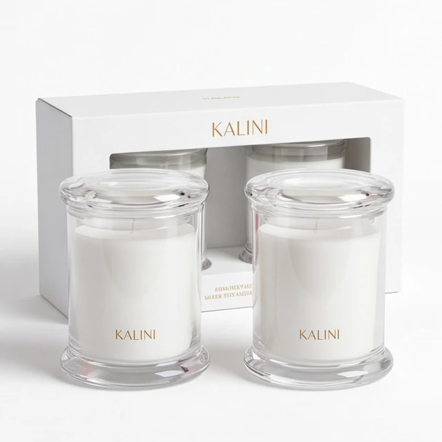 White spool-shaped glass candle jar presentation