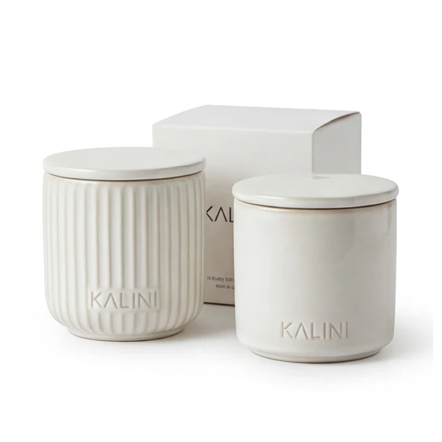 Ivory fluted and smooth ceramic candle jars with box styling