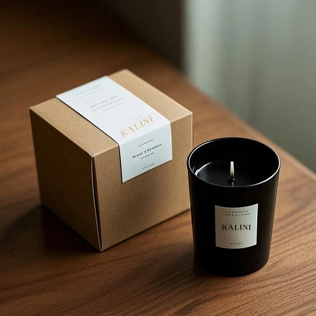 Black glass candle jar with a white label beside a kraft-colored box