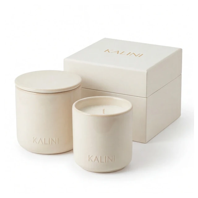 Ivory round ceramic candle jars with an ivory presentation box